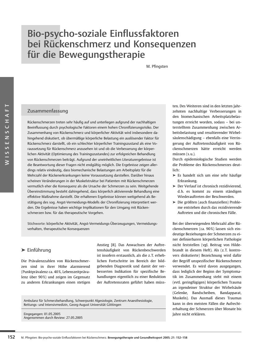 Vorschauseite 1: Bio-psycho-soziale Einflussfaktoren bei Rückenschmerz und Konsequenzen für die Bewegungstherapie