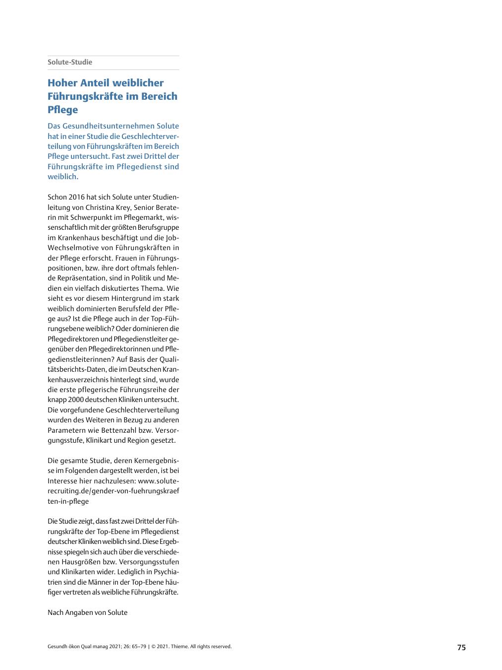 Vorschauseite 1: Sollute-Studie – Hoher Anteil weiblicher Führungskräfte im Bereich Pflege
