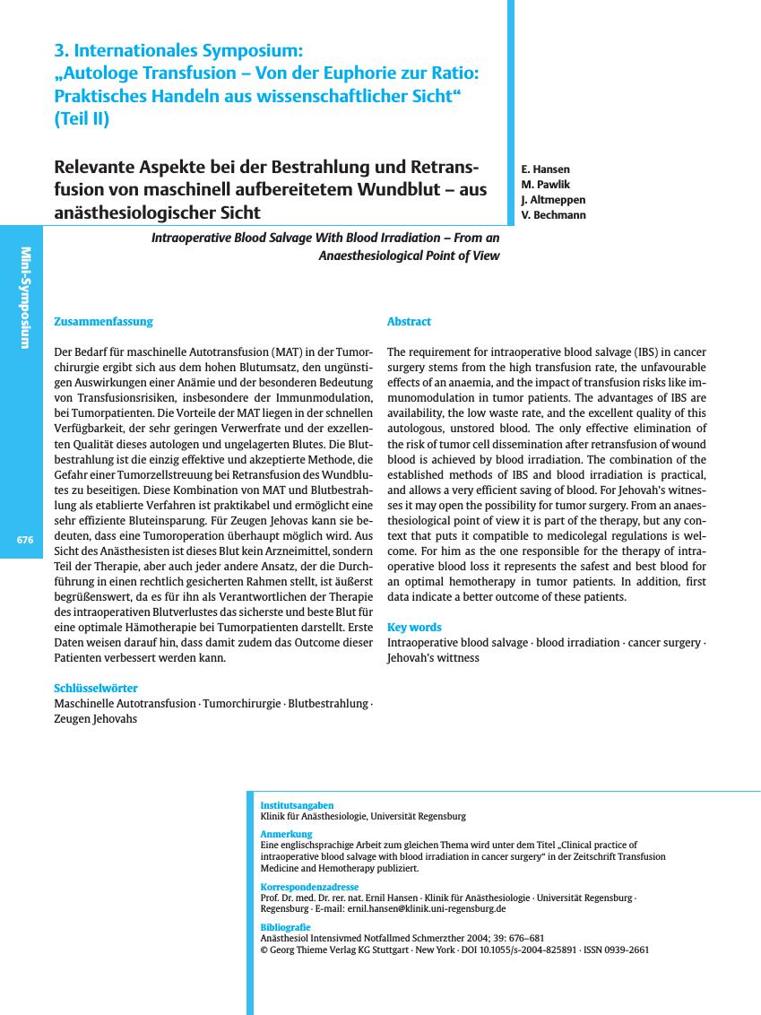 Vorschauseite 1: 3. Internationales Symposium: „Autologe Transfusion - Von der Euphorie zur Ratio: Praktisches Handeln aus wissenschaftlicher Sicht” (Teil II)Relevante Aspekte bei der Bestrahlung…
