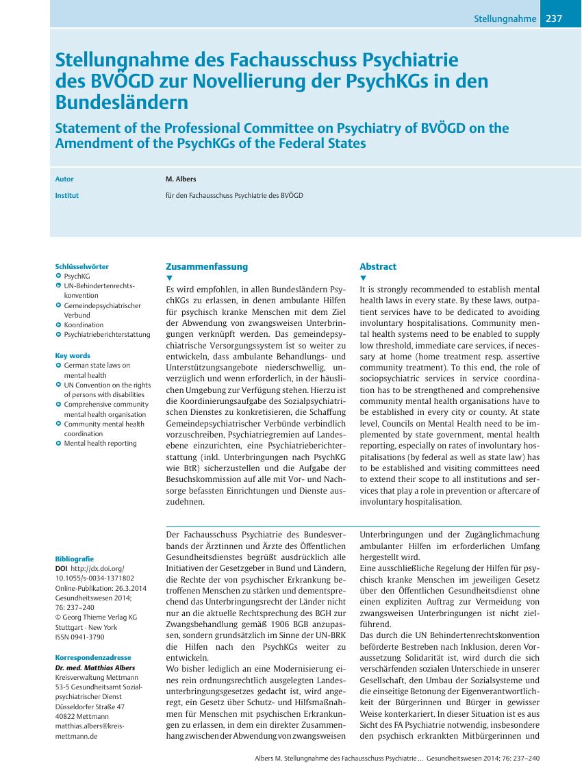 Vorschauseite 1: Stellungnahme des Fachausschuss Psychiatrie des BVÖGD zur Novellierung der PsychKGs in den Bundesländern