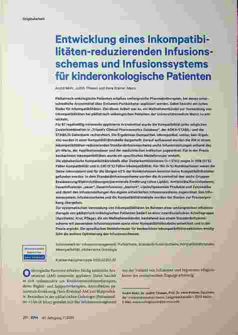 Vorschauseite 1: Entwicklung eines Inkompatibilitäten-reduzierenden Infusionsschemas im Infusionssystem für kinderonkologische Patienten.