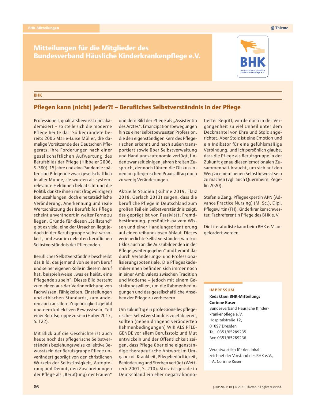 Vorschauseite 1: BHK: Pflegen kann (nicht) jeder?! – Berufliches Selbstverständnis in der Pflege
