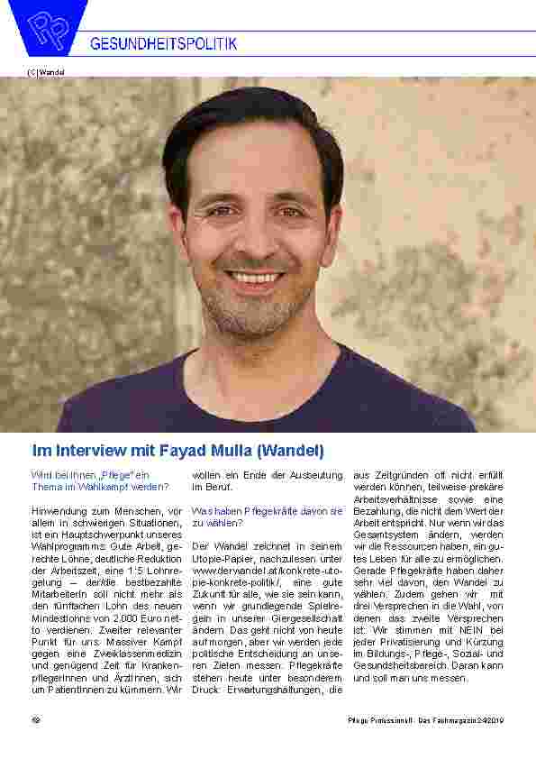 Vorschauseite 1: Im Interview mit Fayad Mulla (Wandel) Wird bei Ihnen „Pflege“ ein Thema im Wahlkampf werden?