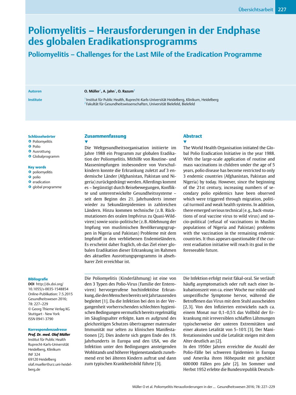 Vorschauseite 1: Poliomyelitis? Herausforderungen in der Endphase des globalen Eradikationsprogramms