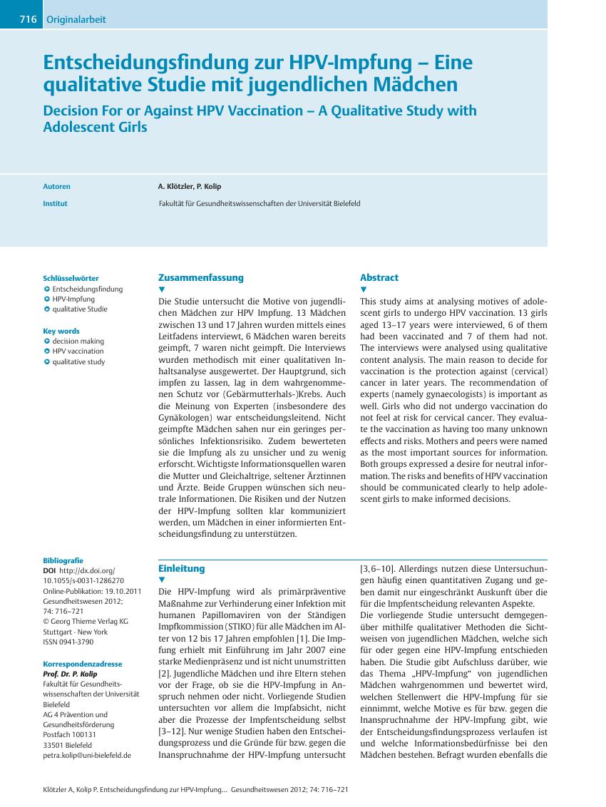 Vorschauseite 1: Entscheidungsfindung zur HPV-Impfung – Eine qualitative Studie mit jugendlichen Mädchen