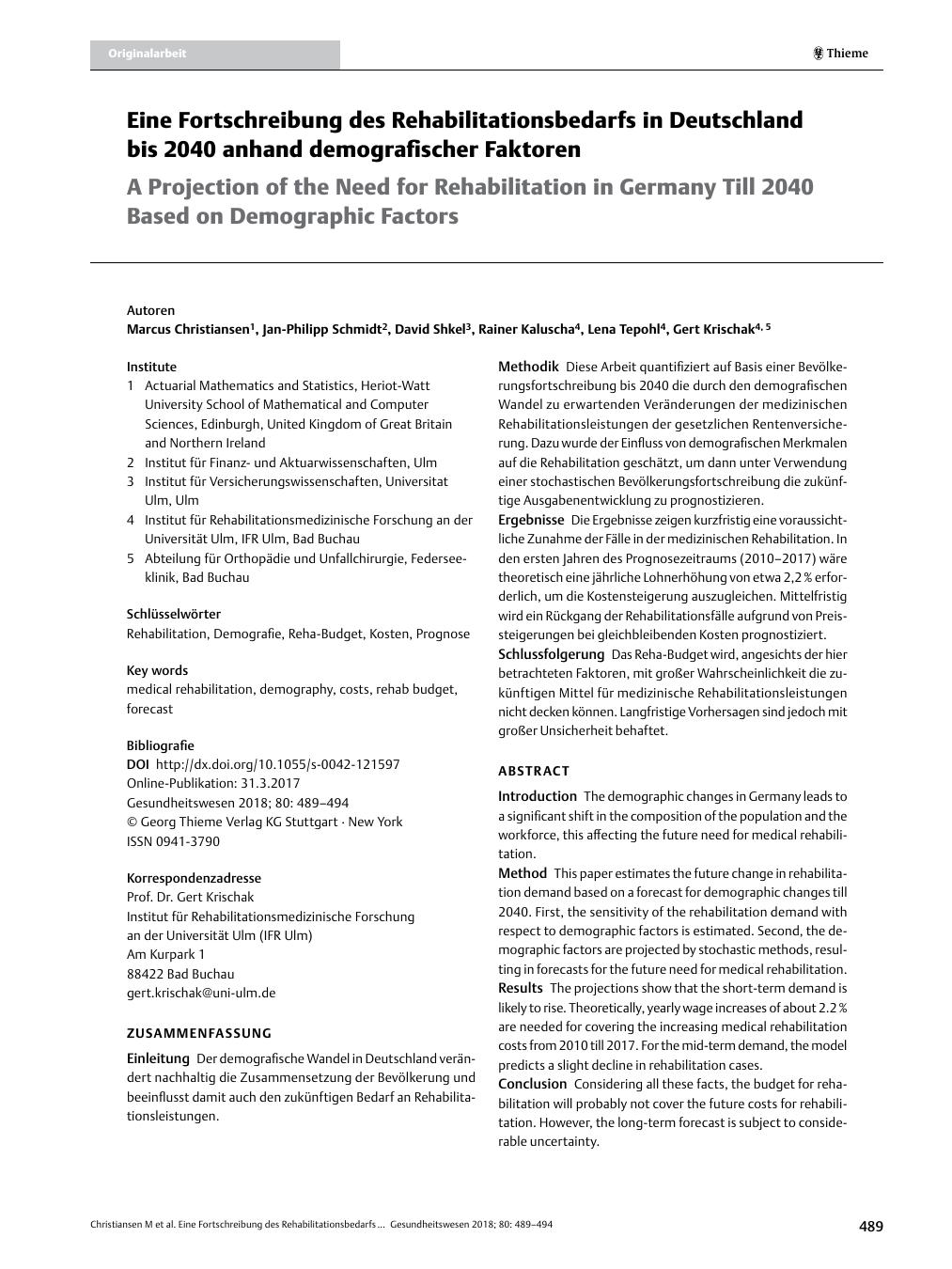 Vorschauseite 1: Eine Fortschreibung des Rehabilitationsbedarfs in Deutschland bis 2040 anhand demografischer Faktoren