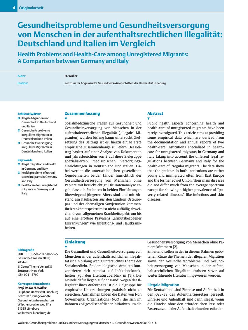 Vorschauseite 1: Gesundheitsprobleme und Gesundheitsversorgung von Menschen in der aufenthaltsrechtlichen Illegalität: Deutschland und Italien im Vergleich