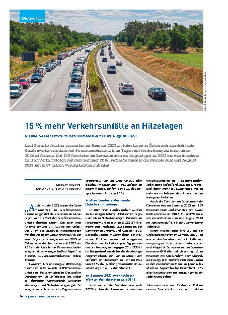 Vorschauseite 1: 15 % mehr Verkehrsunfälle an Hitzetagen. Meiste Verkehrstote in den Monaten Juni und August 2023.