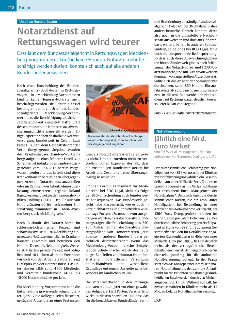 Vorschauseite 1: Urteil zu Honorarärzten – Notarztdienst auf Rettungswagen wird teurer