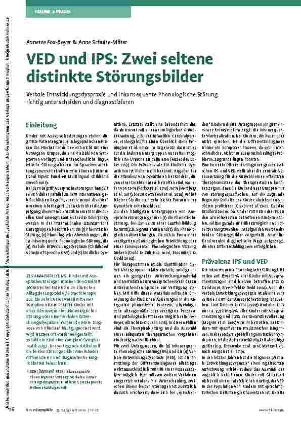 Vorschauseite 1: VED und IPS: Zwei seltene distinkte Störungsbilder Verbale Entwicklungsdyspraxie und Inkonsistente Phonologische Störung richtig unterscheiden und diagnostizieren