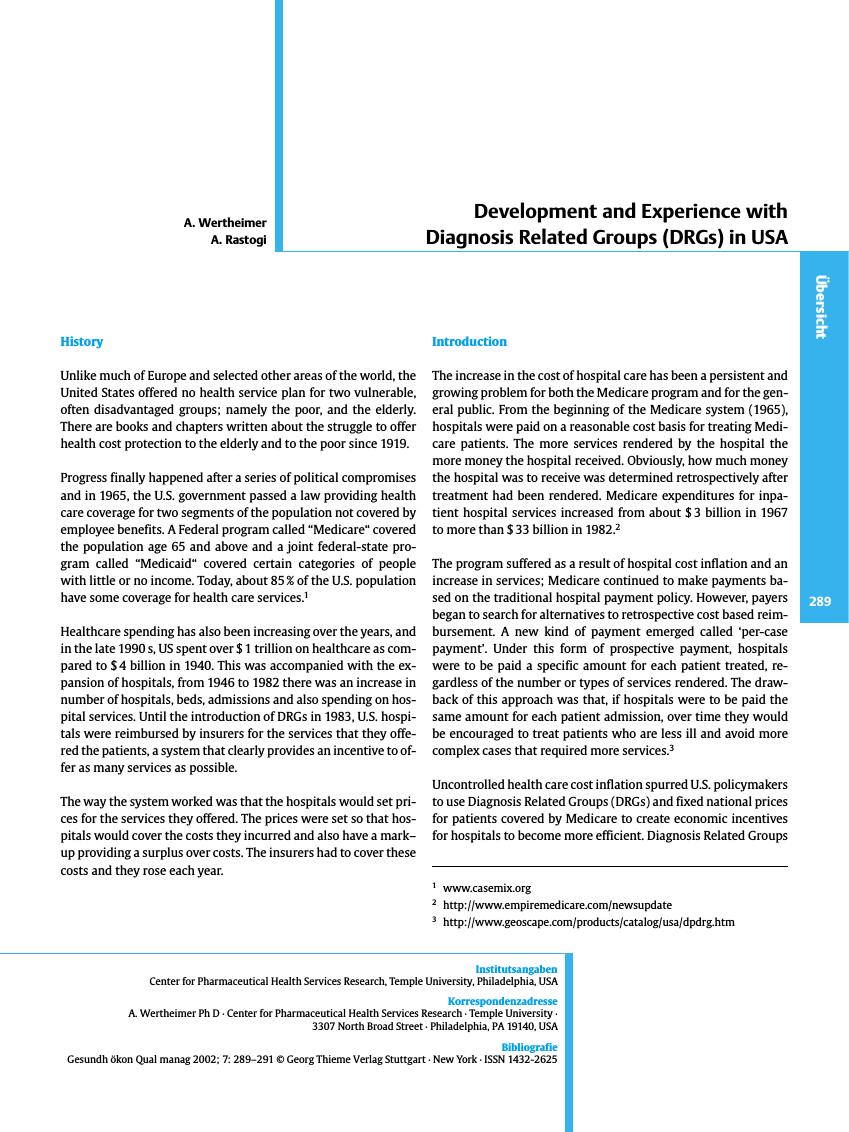 Vorschauseite 1: Development and Experience with Diagnosis Related Groups (DRGs) in USA