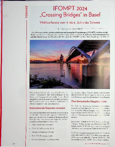 Vorschauseite 1: IFOMPT2024 „Crossing Bridges“ in Basel. Weltkonferenz vom 4. bis 6. Juli in der Schweiz.