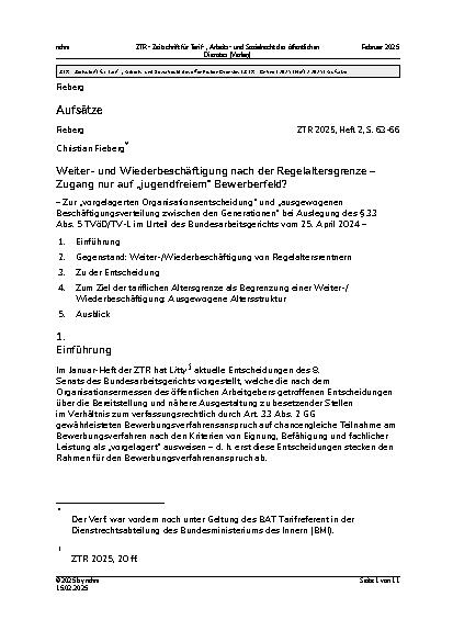 Vorschauseite 1: Weiterund Wiederbeschäftigung nach der Regelaltersgrenze – Zugang nur auf „jugendfreiem“ Bewerberfeld?