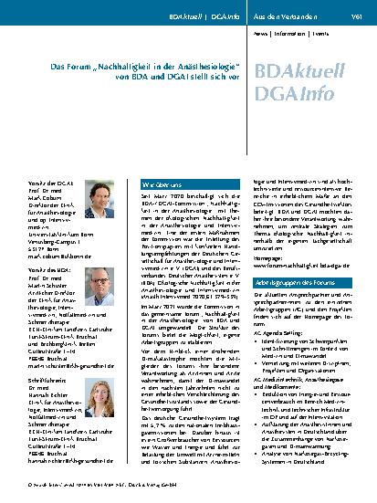 Vorschauseite 1: Das Forum „Nachhaltigkeit in der Anästhesiologie“ von BDA und DGAI stellt sich vor.