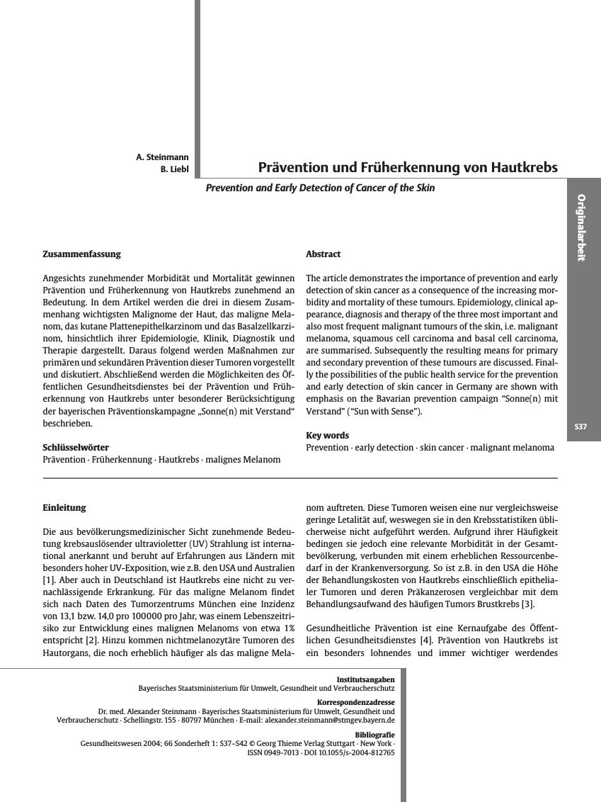 Vorschauseite 1: Prävention und Früherkennung von Hautkrebs