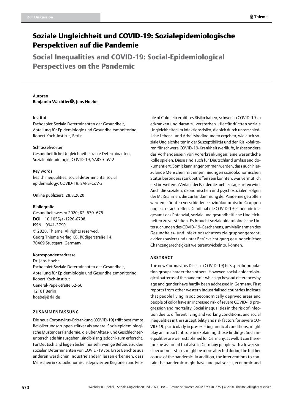 Vorschauseite 1: Soziale Ungleichheit und COVID-19: Sozialepidemiologische Perspektiven auf die Pandemie