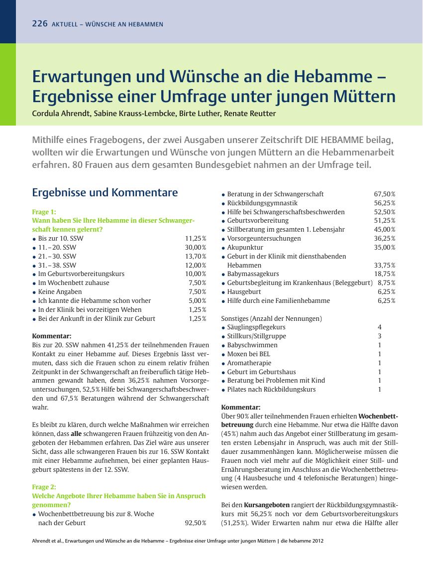 Vorschauseite 1: Erwartungen und Wünsche an die Hebamme – Ergebnisse einer Umfrage unter jungen Müttern