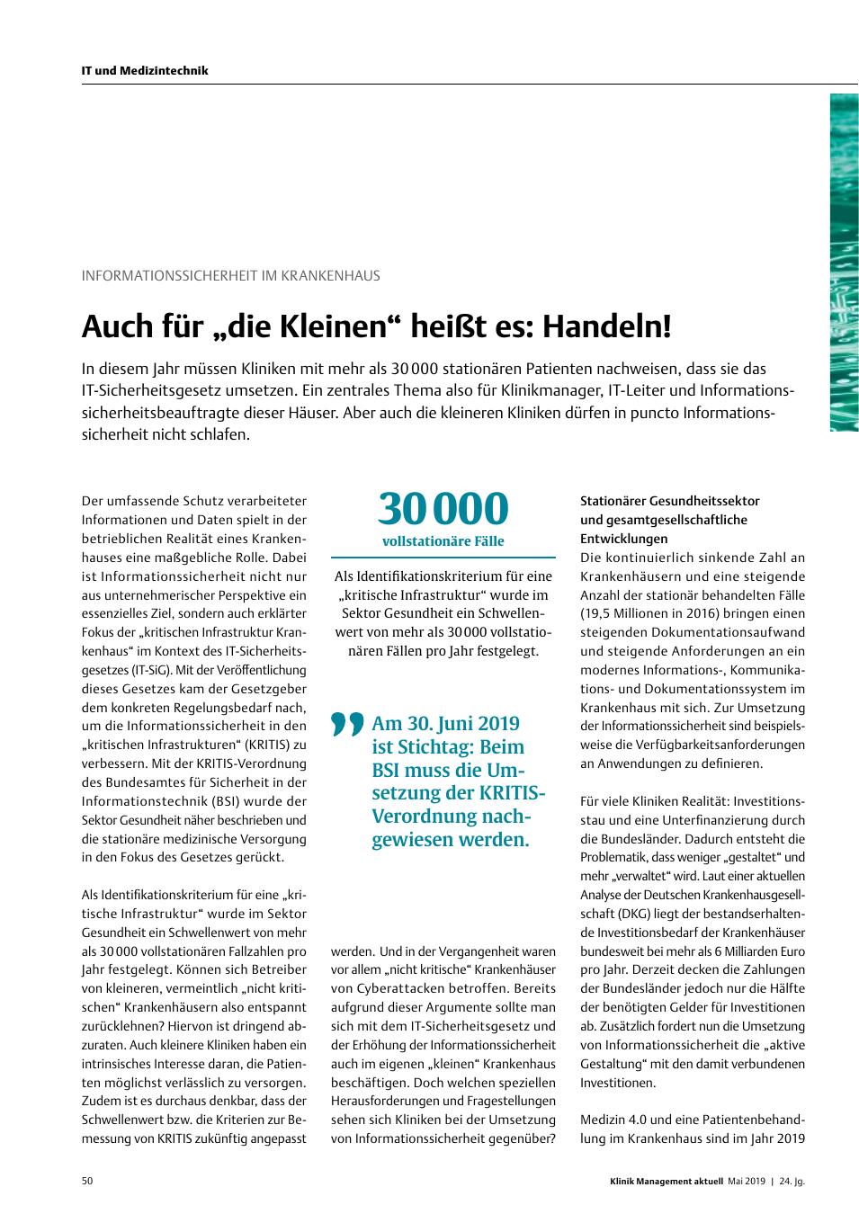 Vorschauseite 1: Informationssicherheit im Krankenhaus: Auch für „die Kleinen
