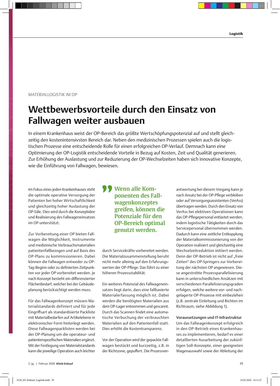 Vorschauseite 1: Materiallogistik IM OP: Wettbewerbsvorteile durch den Einsatz von Fallwagen weiter ausbauen