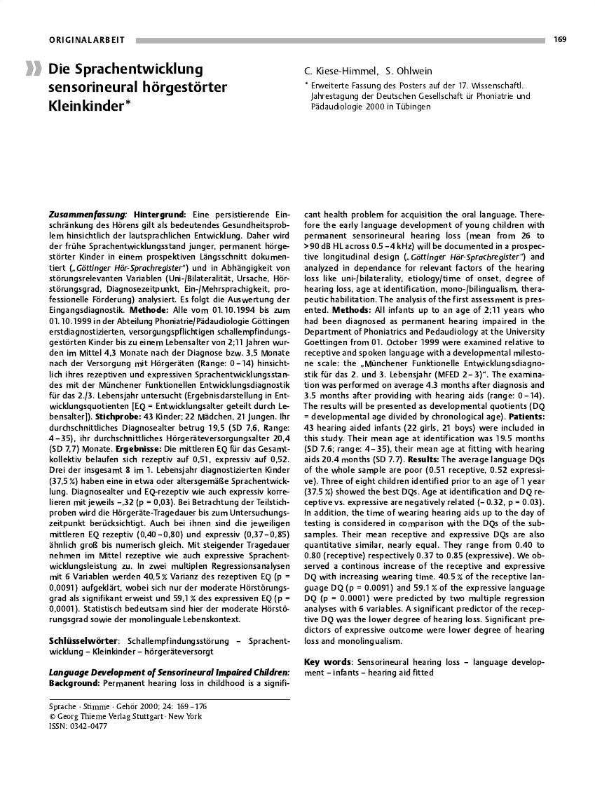 Vorschauseite 1: Die Sprachentwicklung sensorineural hörgestörter Kleinkinder*