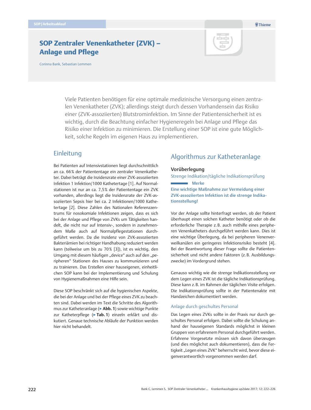 Vorschauseite 1: SOP Zentraler Venenkatheter (ZVK) ? Anlage und Pflege