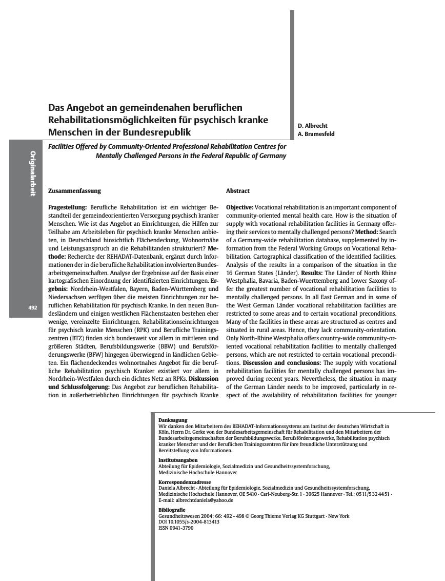 Vorschauseite 1: Das Angebot an gemeindenahen beruflichen Rehabilitationsmöglichkeiten für psychisch kranke Menschen in der Bundesrepublik