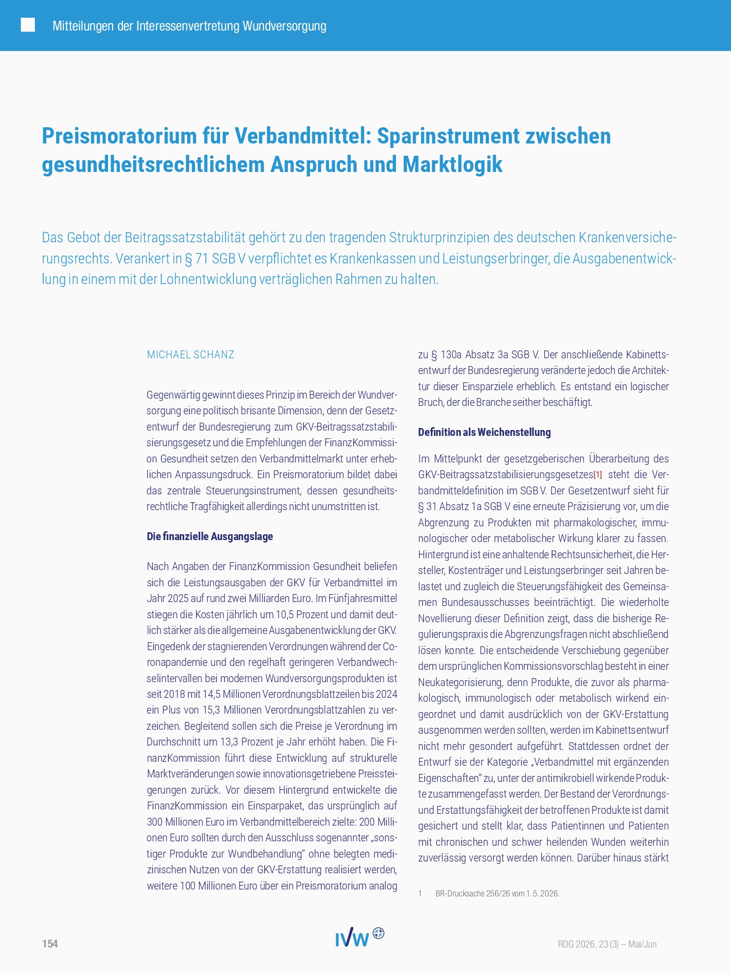 Vorschauseite 1: Preismoratorium für Verbandmittel: Sparinstrument zwischen gesundheitsrechtlichem Anspruch und Marktlogik