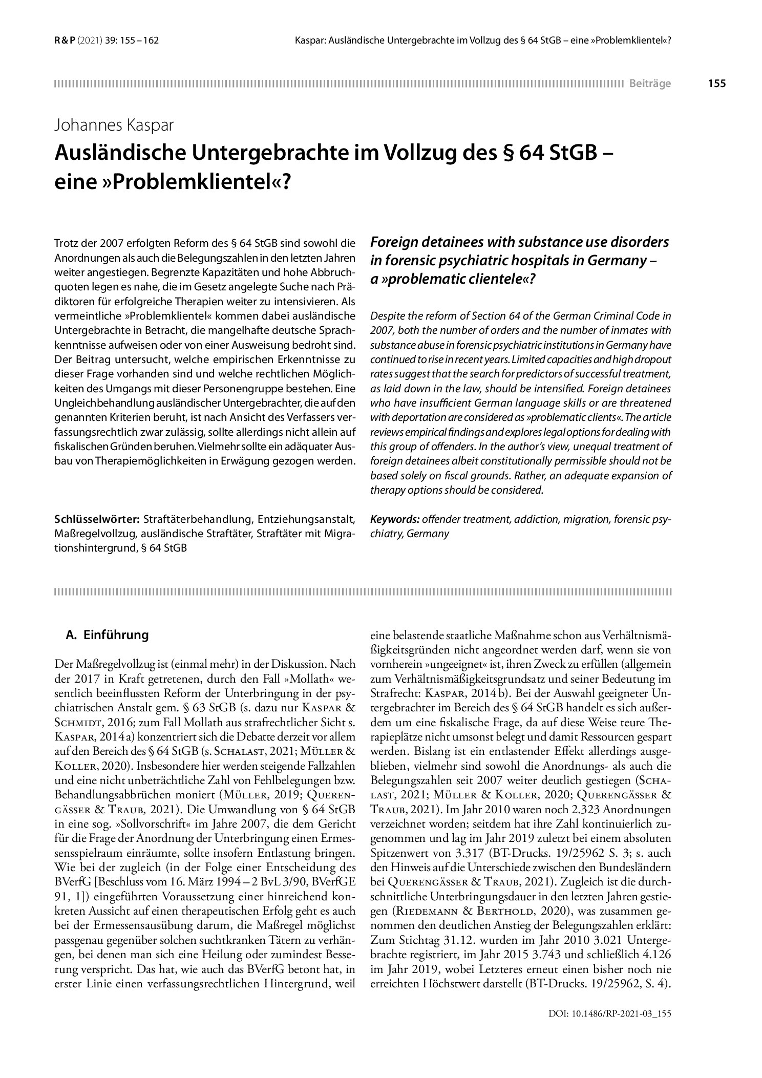 Vorschauseite 1: Ausländische Untergebrachte im Vollzug des § 64 StGB – eine »Problemklientel«?