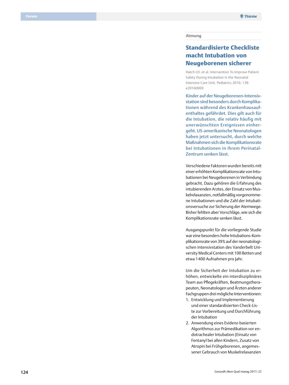 Vorschauseite 1: Atmung ? Standardisierte Checkliste macht Intubation von Neugeborenen sicherer