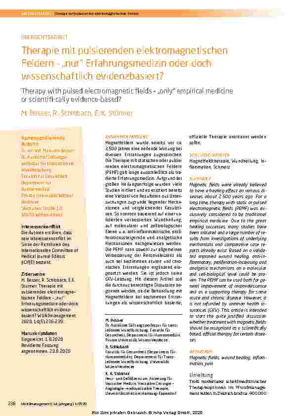 Vorschauseite 1: Therapie mit pulsierenden elektromagnetischen Feldern – „nur“ Erfahrungsmedizin oder doch wissenschaftlich evidenzbasiert?