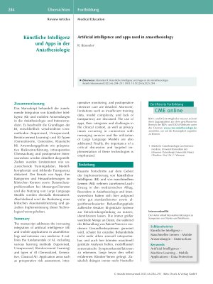 Vorschauseite 1: Künstliche Intelligenz und Apps in der Anästhesiologie