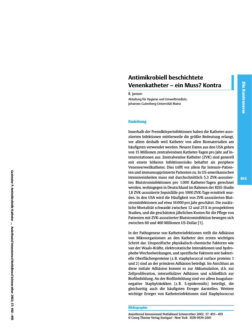 Vorschauseite 1: Antimikrobiell beschichtete Venenkatheter - ein Muss? Kontra