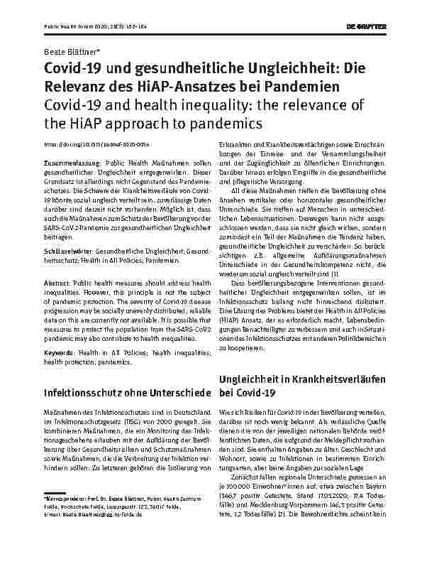 Vorschauseite 1: Covid-19 und gesundheitliche Ungleichheit: Die Relevanz des HiAP-Ansatzes bei Pandemien
