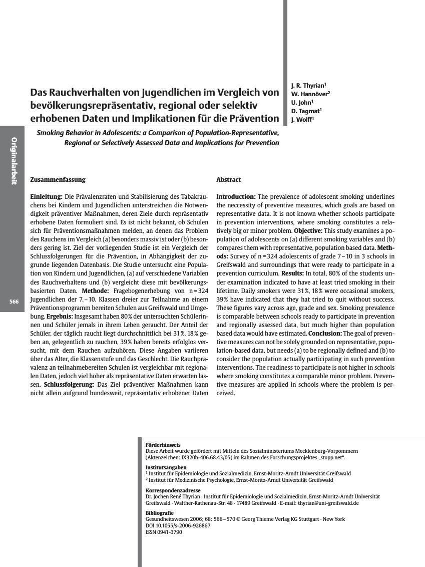 Vorschauseite 1: Das Rauchverhalten von Jugendlichen im Vergleich von bevölkerungsrepräsentativ, regional oder selektiv erhobenen Daten und Implikationen für die Prävention