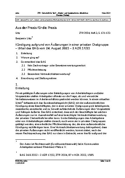 Vorschauseite 1: Kündigung aufgrund von Äußerungen in einer privaten Chatgruppe – Urteil des BAG vom 24. August 2023 – 2 AZR 17/23