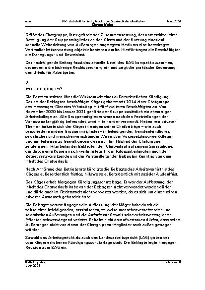 Vorschauseite 2: Kündigung aufgrund von Äußerungen in einer privaten Chatgruppe – Urteil des BAG vom 24. August 2023 – 2 AZR 17/23