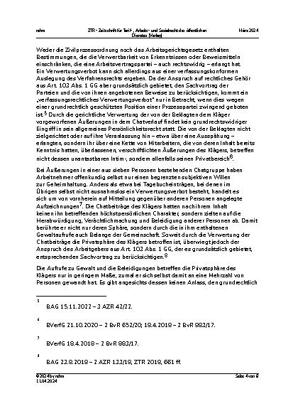 Vorschauseite 4: Kündigung aufgrund von Äußerungen in einer privaten Chatgruppe – Urteil des BAG vom 24. August 2023 – 2 AZR 17/23