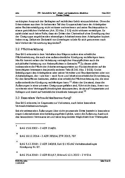 Vorschauseite 5: Kündigung aufgrund von Äußerungen in einer privaten Chatgruppe – Urteil des BAG vom 24. August 2023 – 2 AZR 17/23