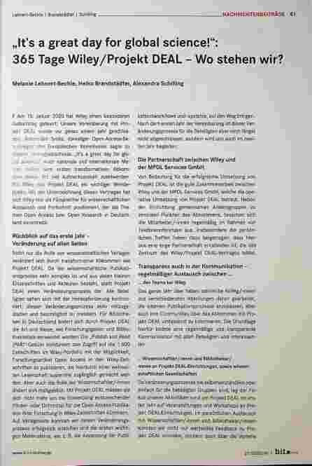 Vorschauseite 1: „It’s a great day for global Science!“: 365 Tage Wiley/Projekt DEAL - Wo stehen wir?