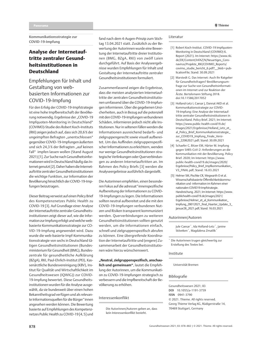 Vorschauseite 1: Analyse der Internetauftritte zentraler Gesundheitsinstitutionen in Deutschland
