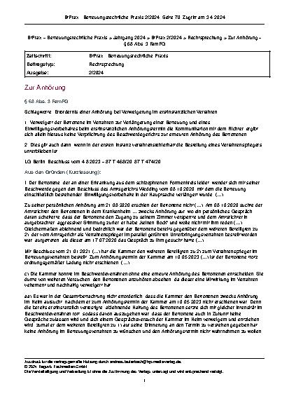 Vorschauseite 1: Zur Anhörung Stichworte: Erfordernis einer Anhörung bei Verweigerung im erstinstanzlichen Verfahren