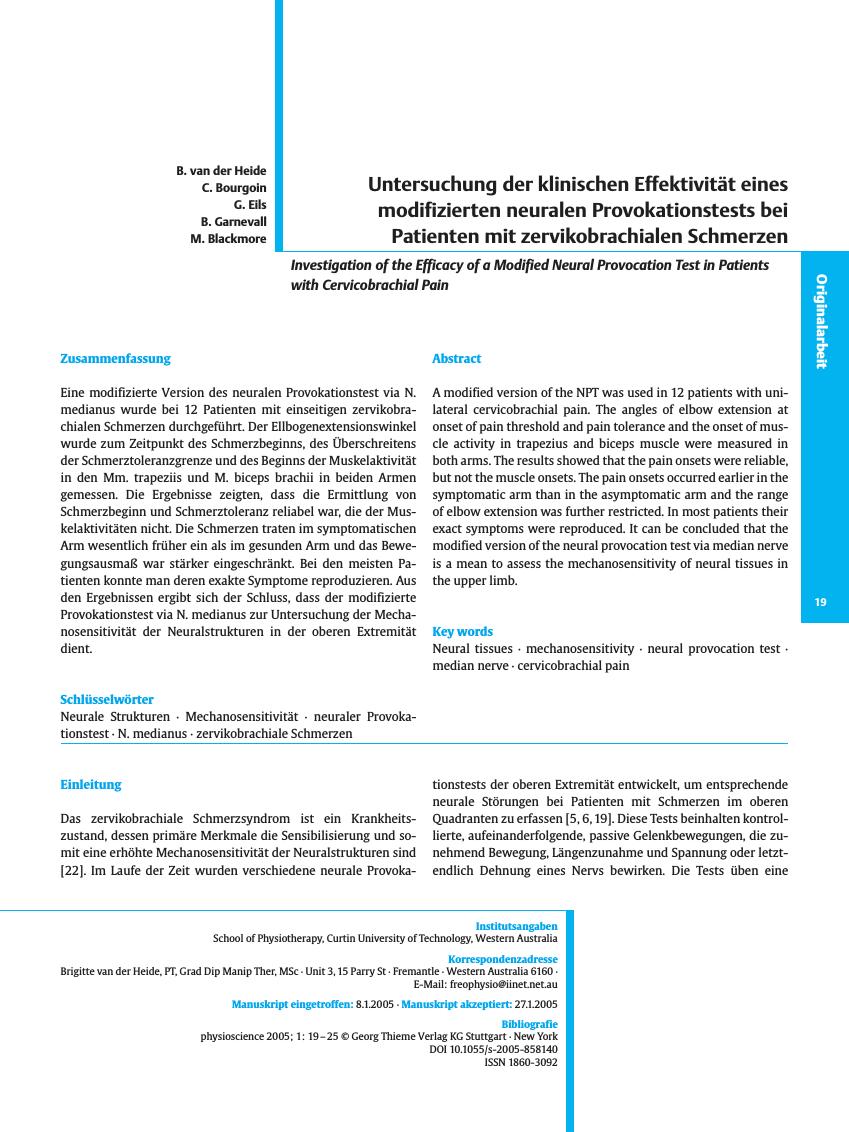 Vorschauseite 1: Untersuchung der klinischen Effektivität eines modifizierten neuralen Provokationstests bei Patienten mit zervikobrachialen Schmerzen
