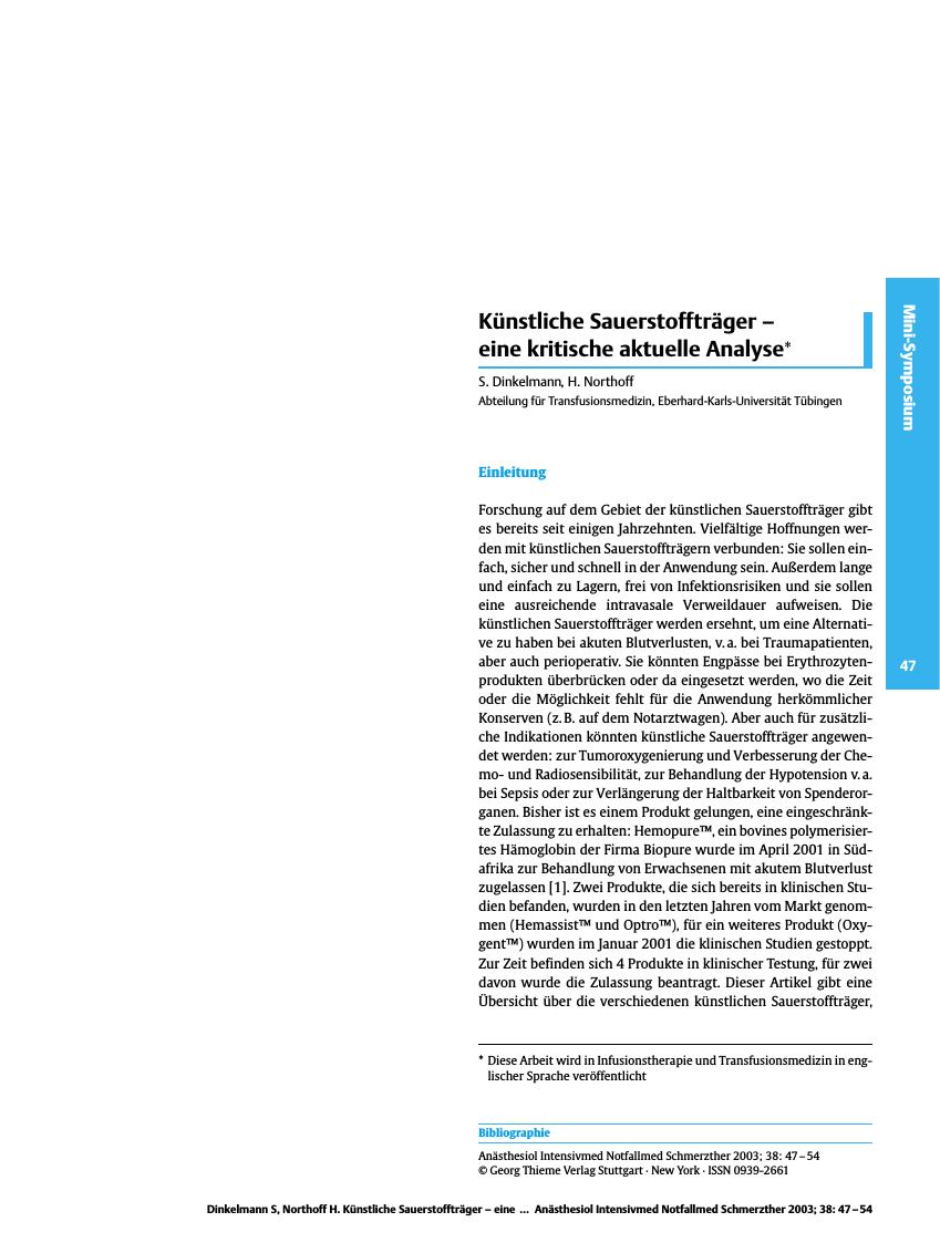 Vorschauseite 1: Künstliche Sauerstoffträger - eine kritische aktuelle Analyse