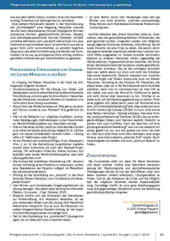 Vorschauseite 2: Der ältere Mensch und „Corona“ – aus der Sicht der Psychologie/Psychotherapie