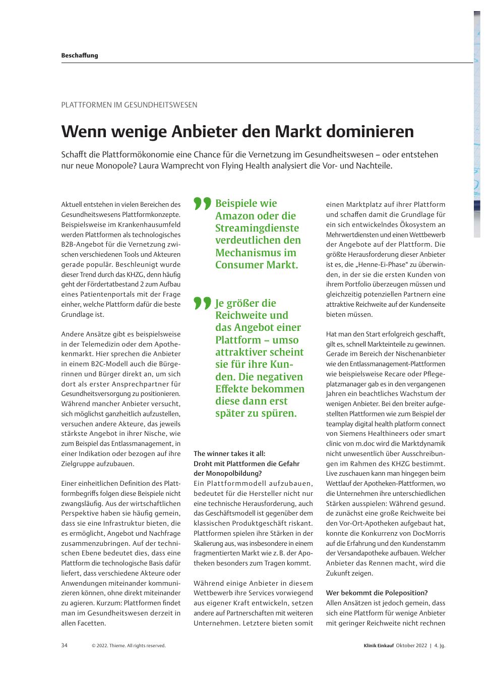 Vorschauseite 1: Plattformen im Gesundheitswesen: Wenn wenige Anbieter den Markt dominieren