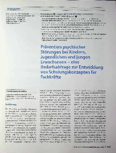 Vorschauseite 1: Prävention psychischer Störungen bei Kindern, Jugendlichen und jungen Erwachsenen - eine Bedarfsabfrage zur Entwicklung von Schulungskonzepten für Fachkräfte