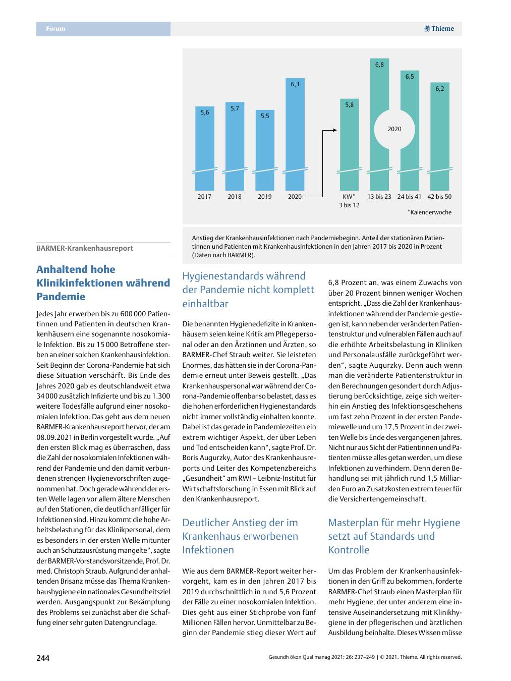 Vorschauseite 1: BARMER-Krankenhausreport – Anhaltend hohe Klinikinfektionen während Pandemie