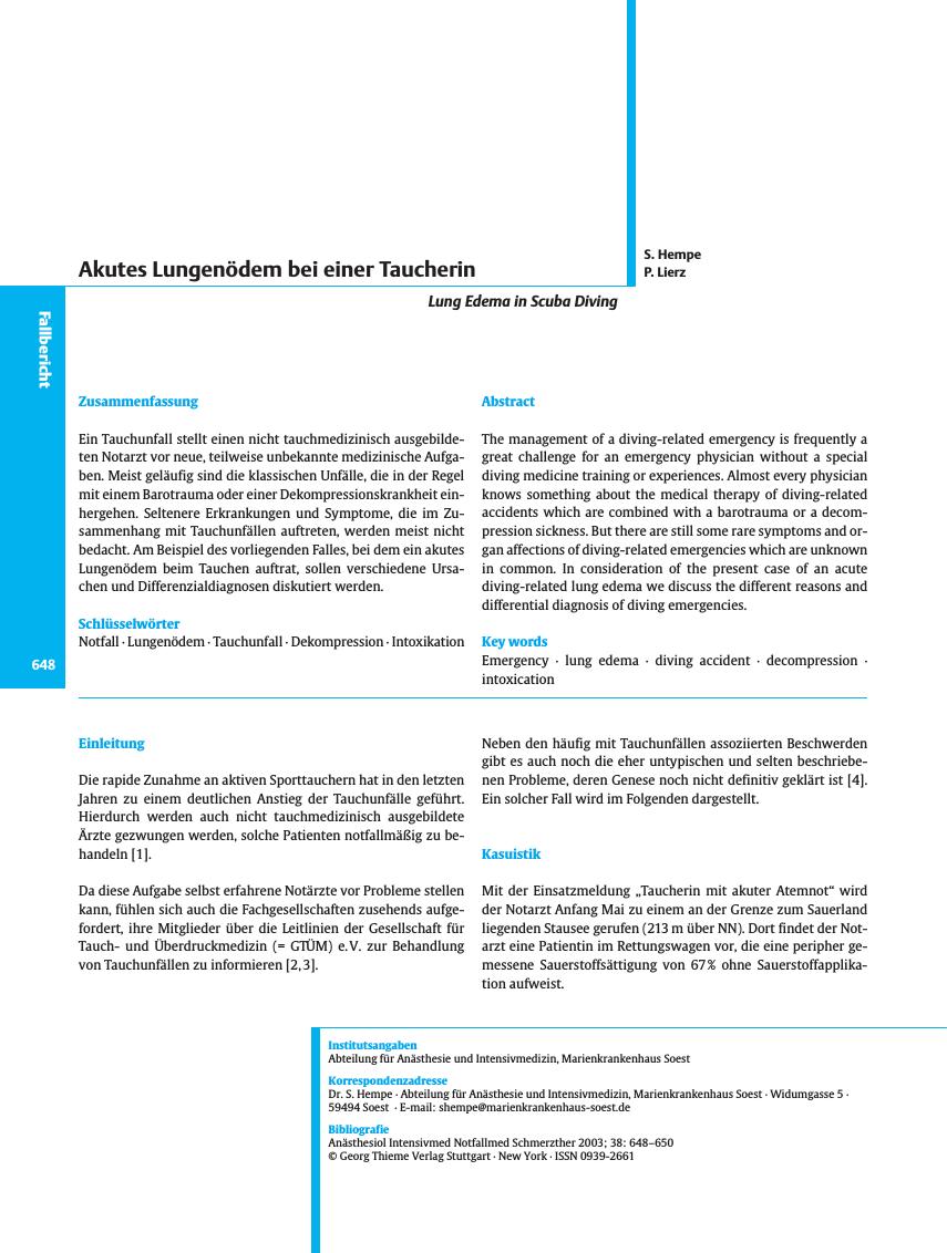 Vorschauseite 1: Akutes Lungenödem bei einer Taucherin