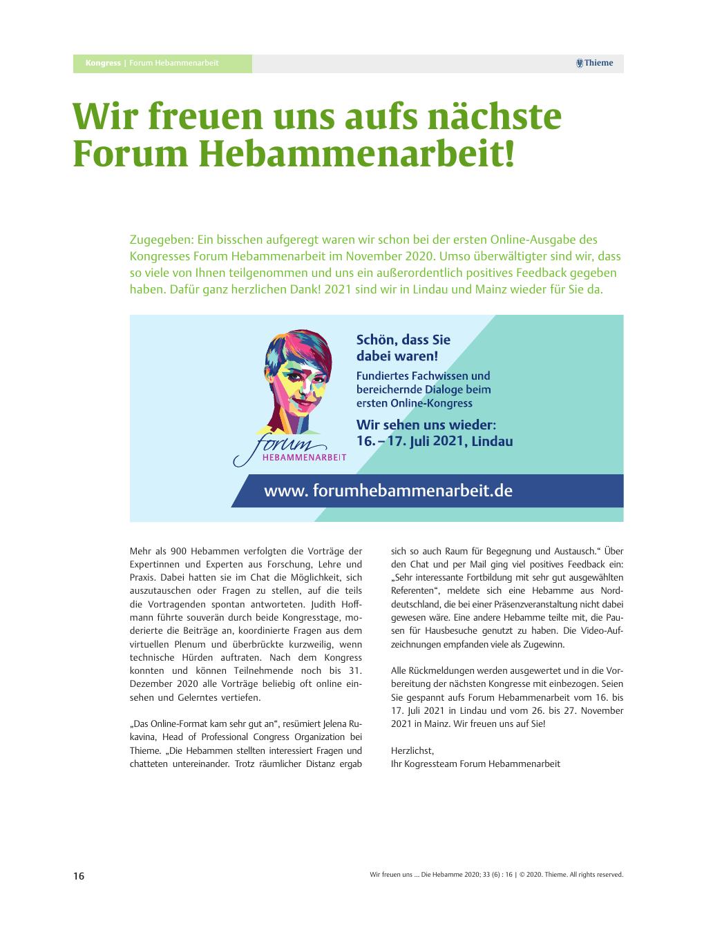 Vorschauseite 1: Wir freuen uns auf das nächste Forum Hebammenarbeit!
