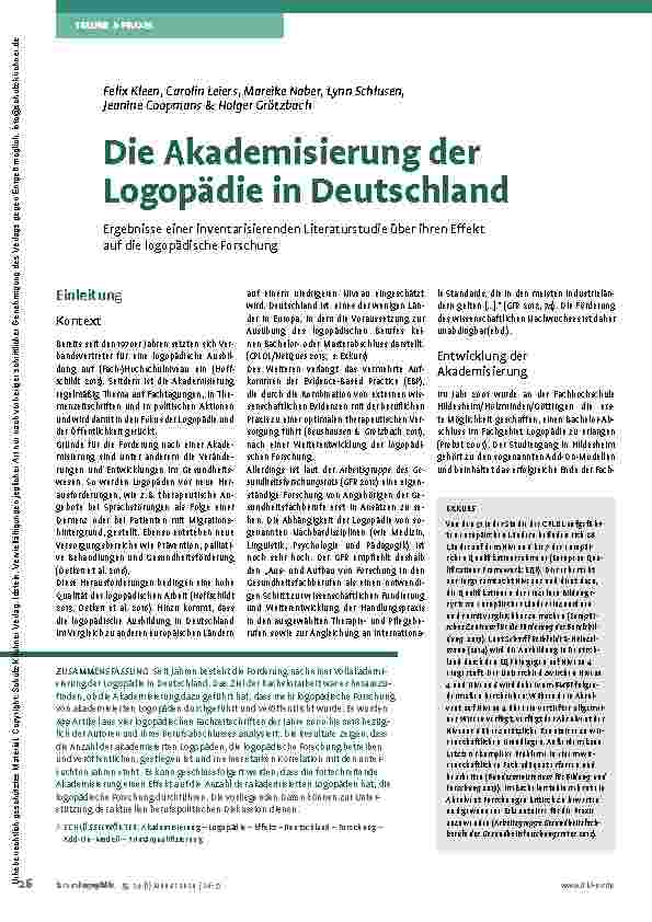 Vorschauseite 1: Die Akademisierung der Logopädie in Deutschland: Ergebnisse einer inventarisierenden Literaturstudie über ihren Effekt auf die logopädische Forschung.